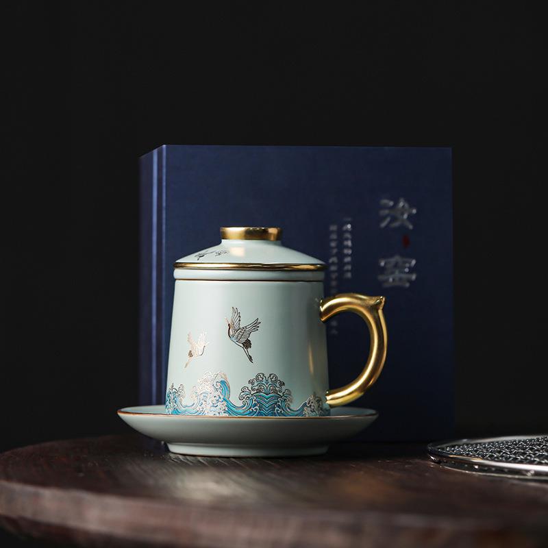 祥鹤观海汝窑描金茶杯茶水分离陶瓷带盖过滤可养开片办公室功夫