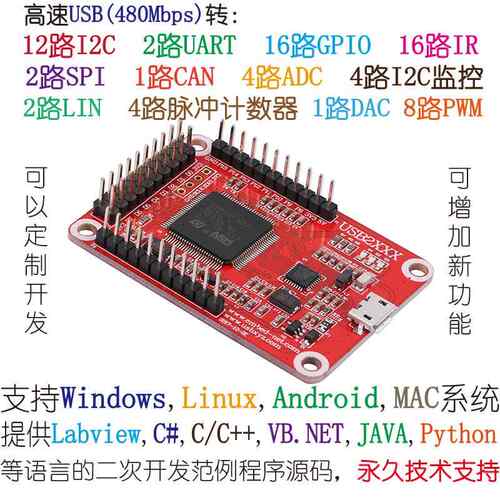 高速USB转SPI I2C PWM ADC GPIO UART CAN LIN配接器，监控分析仪