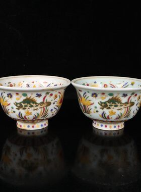 仿古大明宣德年制龙纹瓷杯古玩收藏瓷器五彩鱼藻纹杯子一对