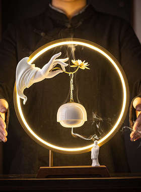 新中式禅意佛手莲花挂式吊炉倒流香灯圈摆件家居室内玄关装饰摆设