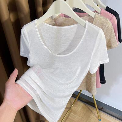白色薄款面膜t恤女2026新款修身短袖上衣微透低领内搭修身打0228e