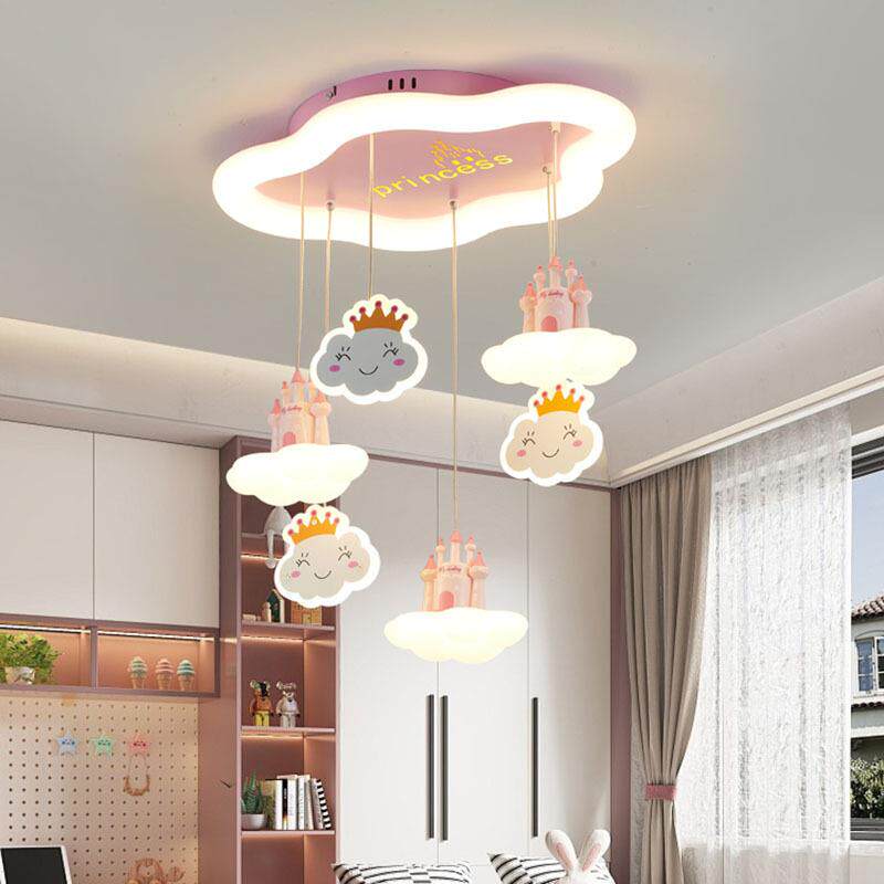 女孩卧室卡通创意儿童房吊灯粉色少女心城堡皇冠餐吊灯