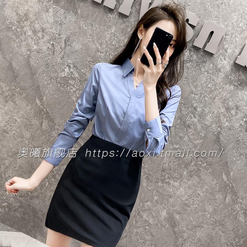 职业装女前台工作装空姐职业制服衬衣女秋款灰色衬衫女工装OL服装