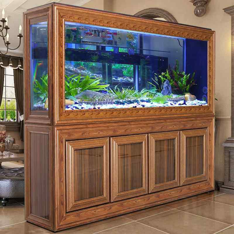 欧宝红龙缸水族箱大型客厅红木纹屏风底滤新中式家用轻奢生态隔断