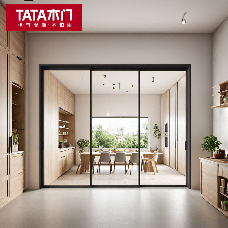 TATA木门铝合金厨房三联动推拉门阳台移门隐形折叠门玻璃门LB010T