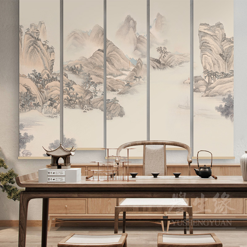 新中式茶室书房背景墙挂画客厅软隔断屏风挂帘水墨山水装饰画卷轴