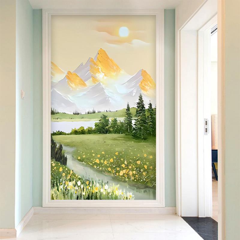 日照金山入户玄关墙布3d走廊过道简约壁纸风景隐形门餐厅壁画墙纸
