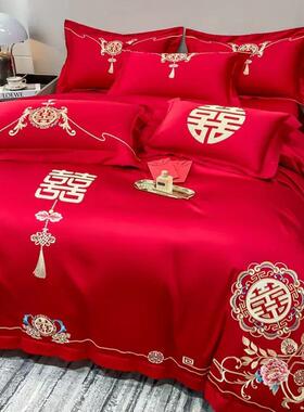 婚庆四件套大红色刺绣被套喜庆床上用品床单床笠套件