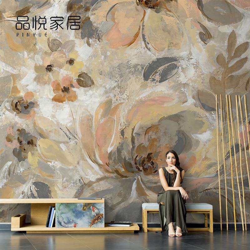 北欧手绘抽象油画花卉壁纸创意客厅电视背景墙纸壁纸壁画卧室墙布