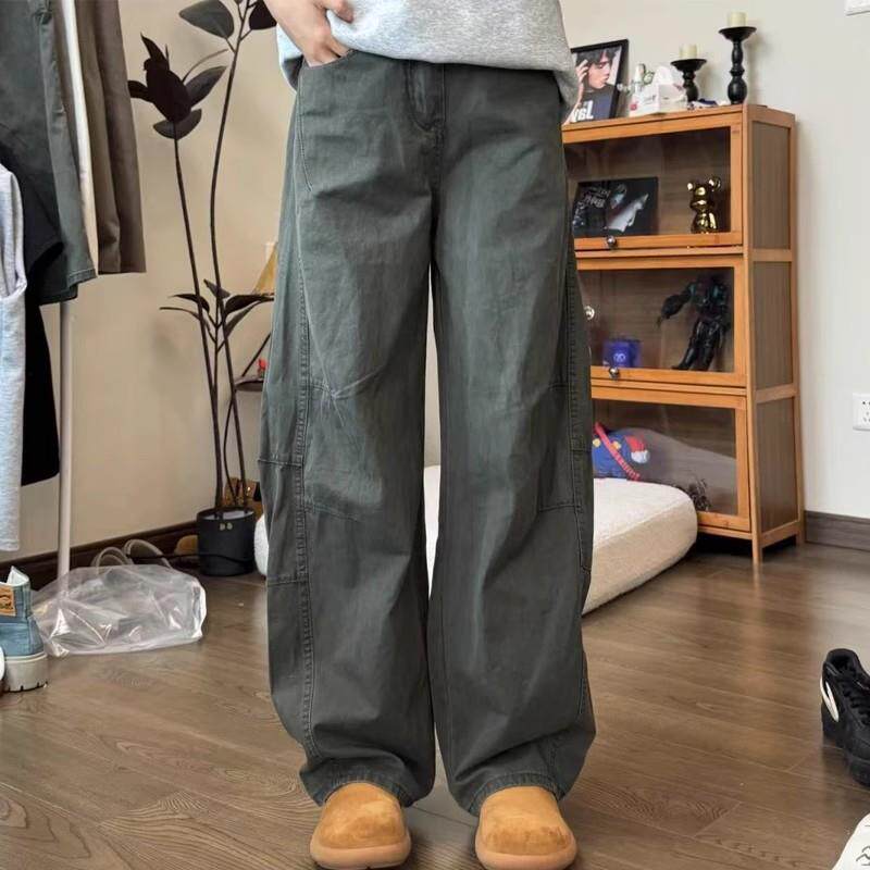 军绿色水洗棉工装裤子男女款夏薄款baggy弯刀牛仔裤美式阔腿长裤