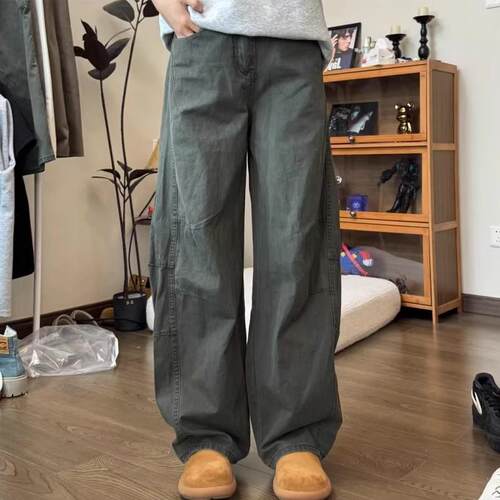 军绿色水洗棉工装裤子男女款夏薄款baggy弯刀牛仔裤美式阔腿长裤