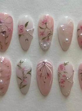 24pcs Short Almond Press on Nails 3D Flower Butterfly Fake N