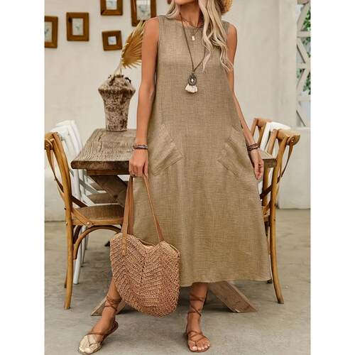 A color sleeveless long dress, simple design, with pockets,