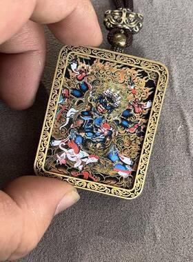 大黑天唐卡吊坠 项链 手绘勾金