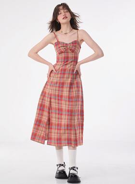 ziziFei春夏美式覆古格纹收腰显瘦长版开 叉吊带红色格子连身裙女