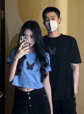 夏季新款网红情侣装反光蝶蝴年短袖t恤女ins超火短款学生上