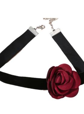 玫瑰花颈链choker项圈花朵法式脖子自由打结绑带颈花女项链黑色06