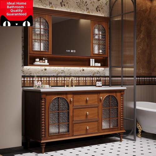 美式浴室柜组合橡木落地式卫生间洗漱台洗手盆柜法式覆古卫浴定制