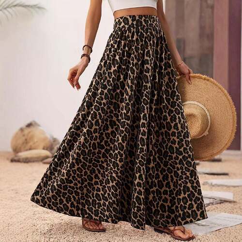 Women Leopard Print Casual Maxi Skirt Waisted Bottom Beach