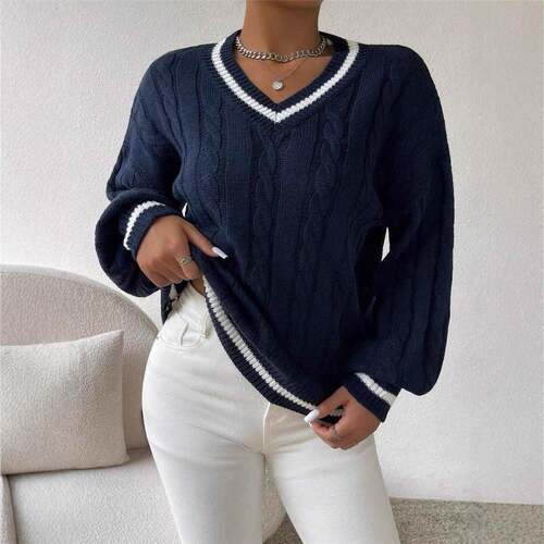 Sweater Womens Ladies Trendy Casual Knit V-Neck Knitted