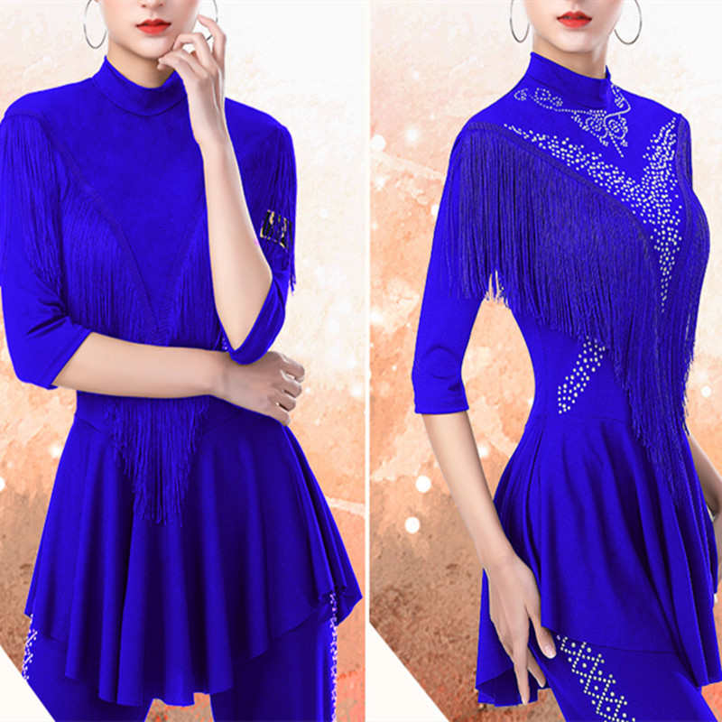 越野营吉特巴舞蹈服流苏镶钻中袖长袖广场舞套装拉丁舞上衣女新款