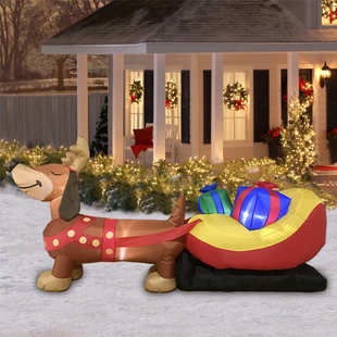 8FT圣诞节充气气模拉着雪橇 饰品摆件 腊肠犬发光节日庭院装
