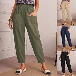 Four season cotton and linen cropped pants with elastic