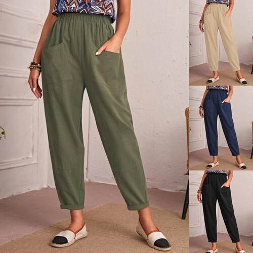 Four season cotton and linen cropped pants with elastic