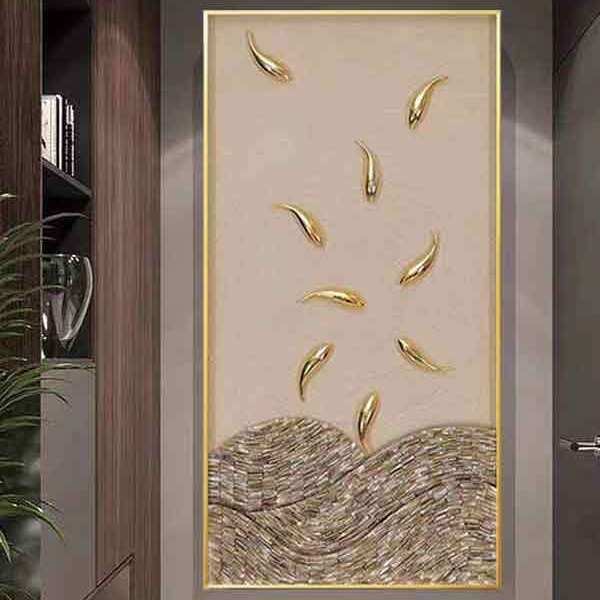 手绘九鱼图轻奢玄关装饰画寓意年年有余简约客厅立体画竖版入户走图片