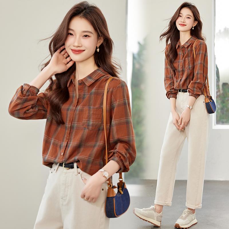 恒牧哥复古格子衬衫上衣2025春季新款港风宽松纯棉衬衣女长袖翻领