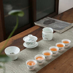 家用青花陶瓷泡茶器盖碗茶杯高档茶具整套 德化高白瓷功夫茶具套装