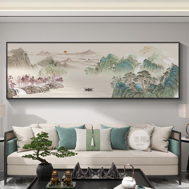 风景山水画新湖山春暖客厅壁画中式装饰画挂画背景墙靠山水墨沙发