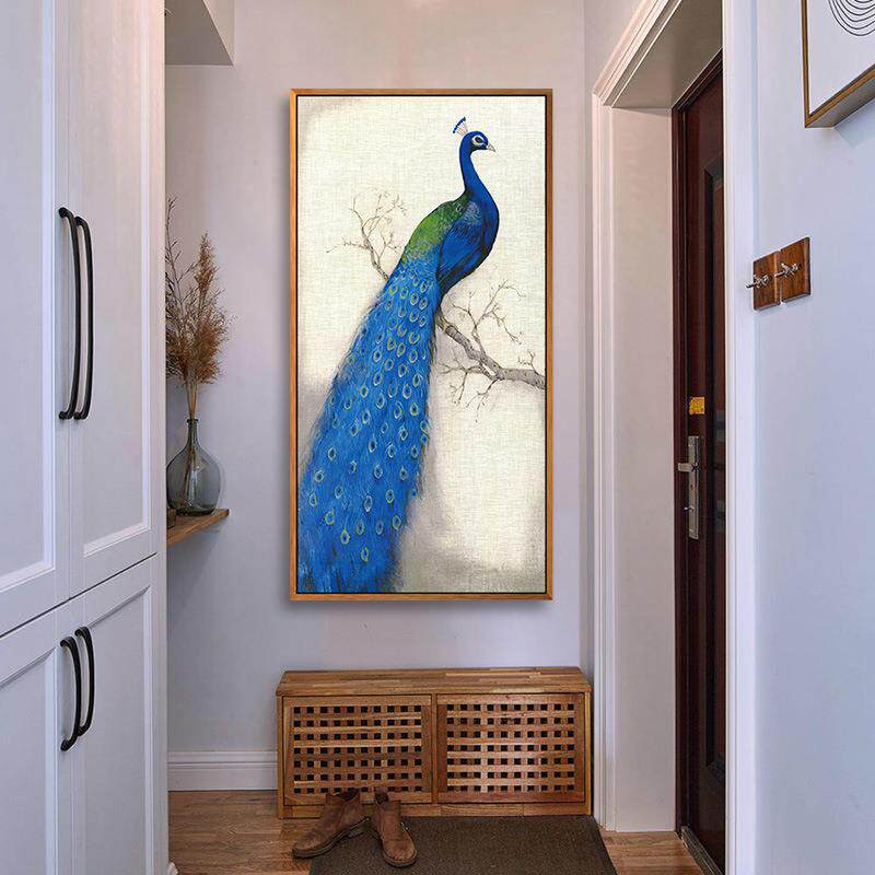 新中式金色孔雀玄关画入户走廊客厅挂画竖版吉祥鸟油画装饰画壁画