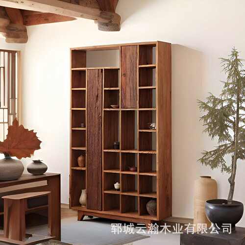 老榆木多宝阁收纳柜侘寂风实木茶室展示架原木博古架茶杯置物架