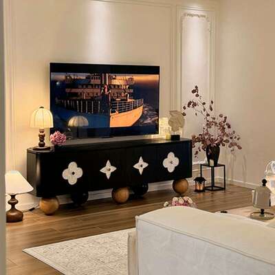 色黑高端电视柜法式四叶草圆脚视设计客厅BWV听柜木复古电视柜实