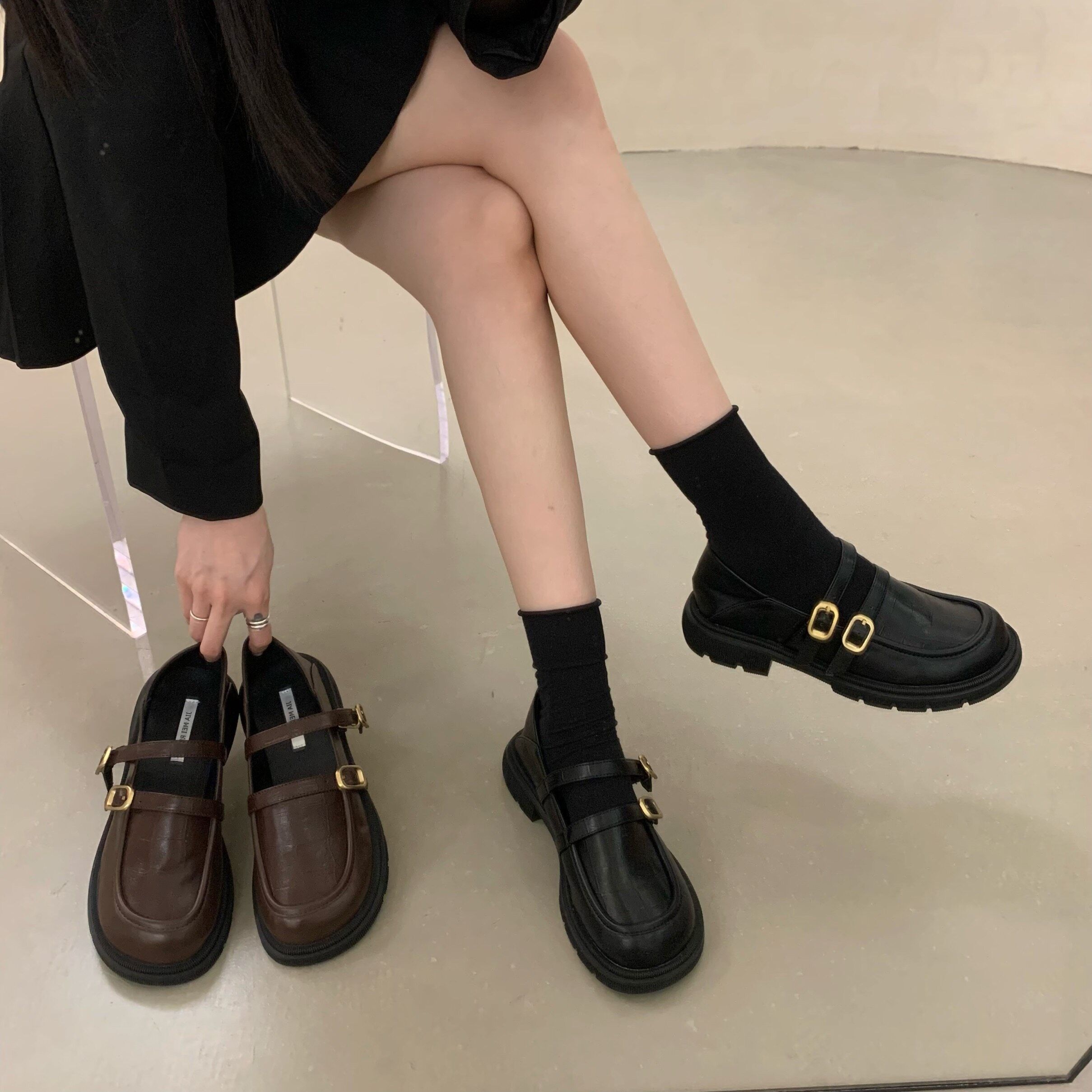 潮牌黑色覆古玛丽珍单鞋女新款夏季瓢鞋乐福厚底春秋英伦风小皮鞋