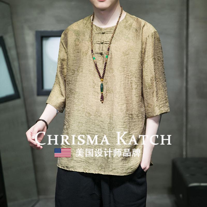 出口美国⭐Chrisma Katch~棉麻汉服中国风夏季薄款亚麻短袖T恤男