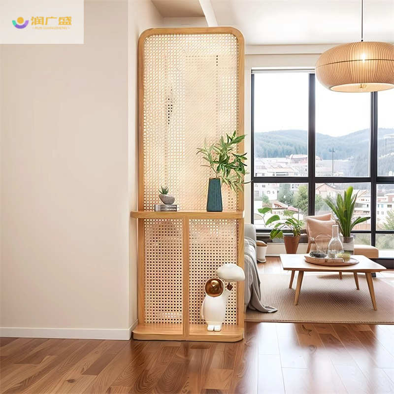 润广盛藤编屏风隔断客厅入户玄关实木复古座屏侘寂风置物可移动架