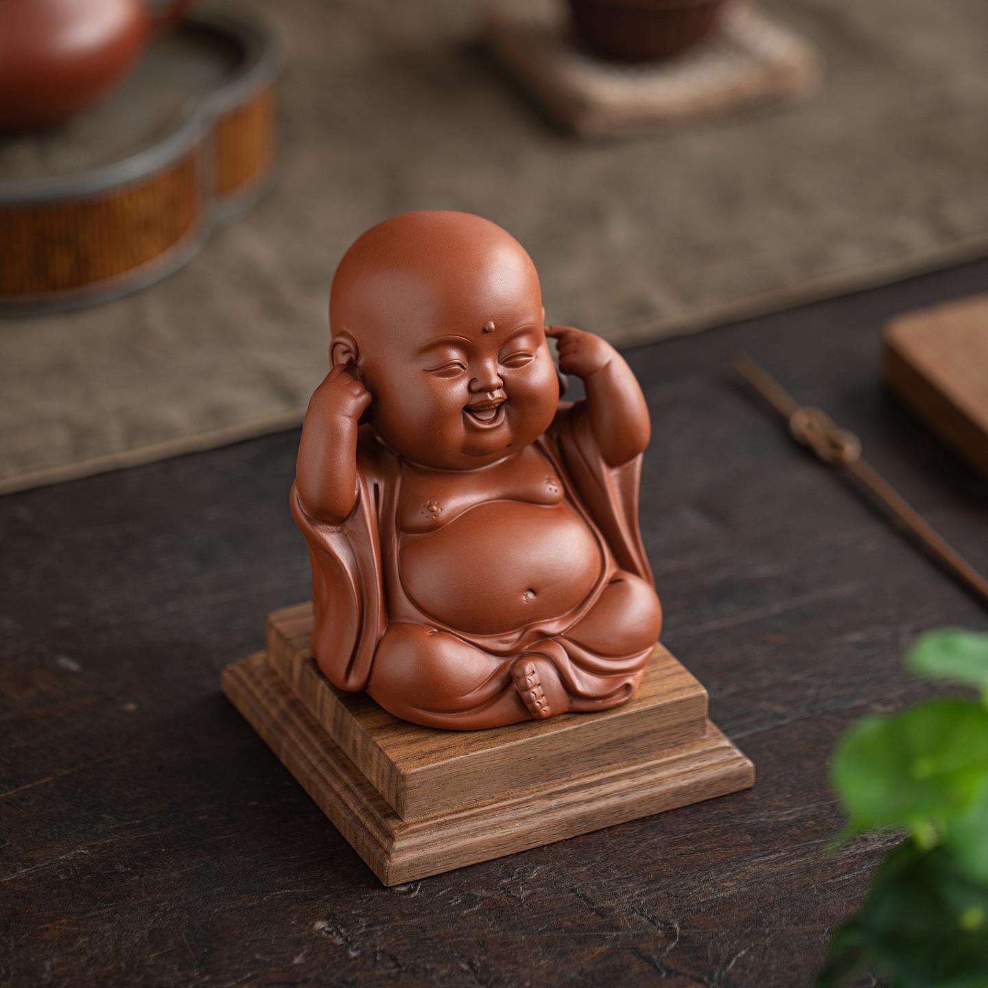 中式紫砂工艺品三不招财弥勒笑佛摆件家居客厅茶室博古架装饰品