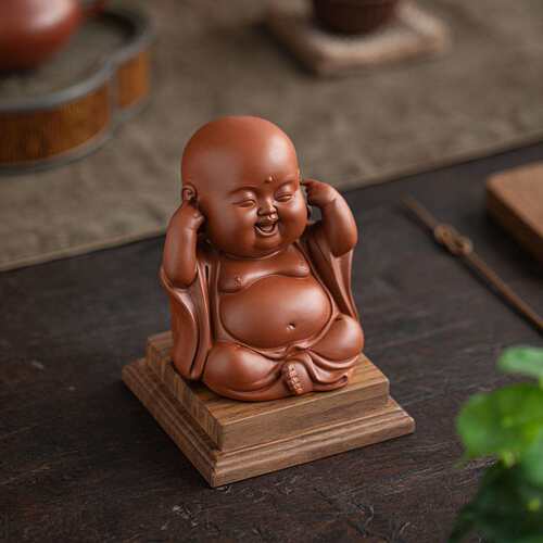 中式紫砂工艺品三不招财弥勒笑佛摆件家居客厅茶室博古架装饰品
