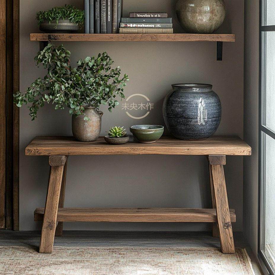 实木花架原木风覆古民宿创意做旧花几换鞋板凳收纳定制置物花盆架