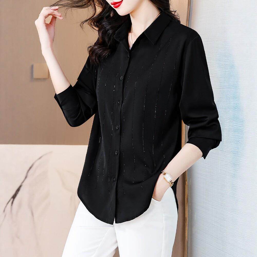 时尚烫钻雪纺长袖上衣女春季高级感气质黑色衬衫休闲显瘦通勤小衫