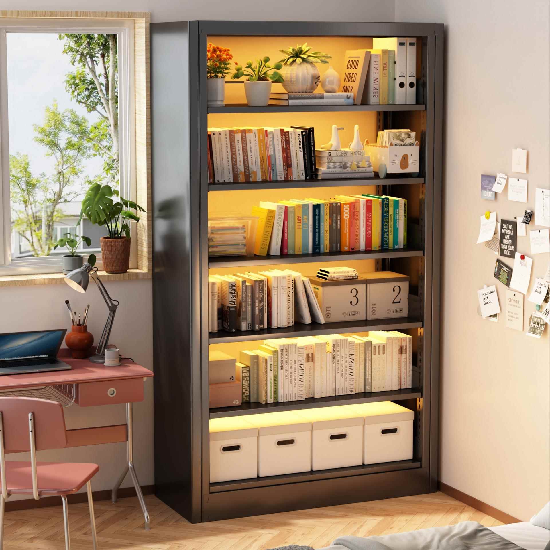 家用图书馆钢制书架一体靠墙落地置物架多层铁艺学生儿童收纳书柜