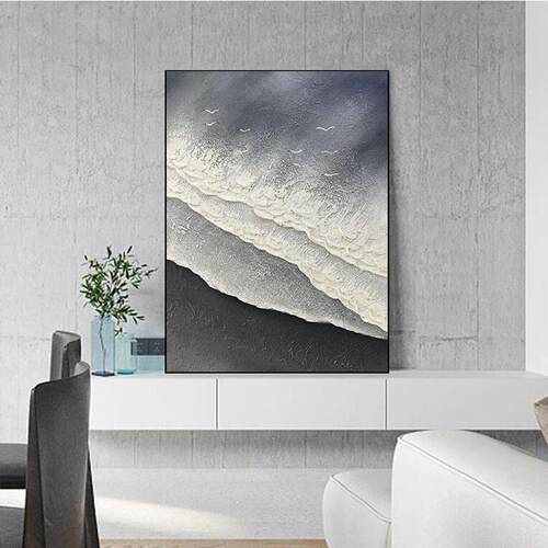 纯手绘油画黑白极简客厅玄关装饰画砂岩立体肌理海浪海鸥现代挂画