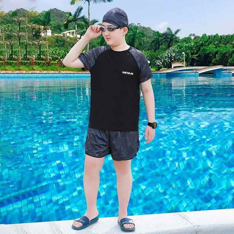 胖童泳衣男童分体式防晒泳裤男大童加肥加大游泳套装宽松大码速干