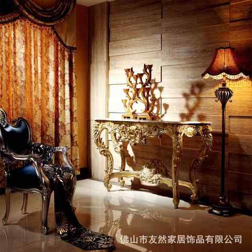 欧式法式做旧雕花玄关桌金银贴箔样板间条案别墅装饰台大理石台面