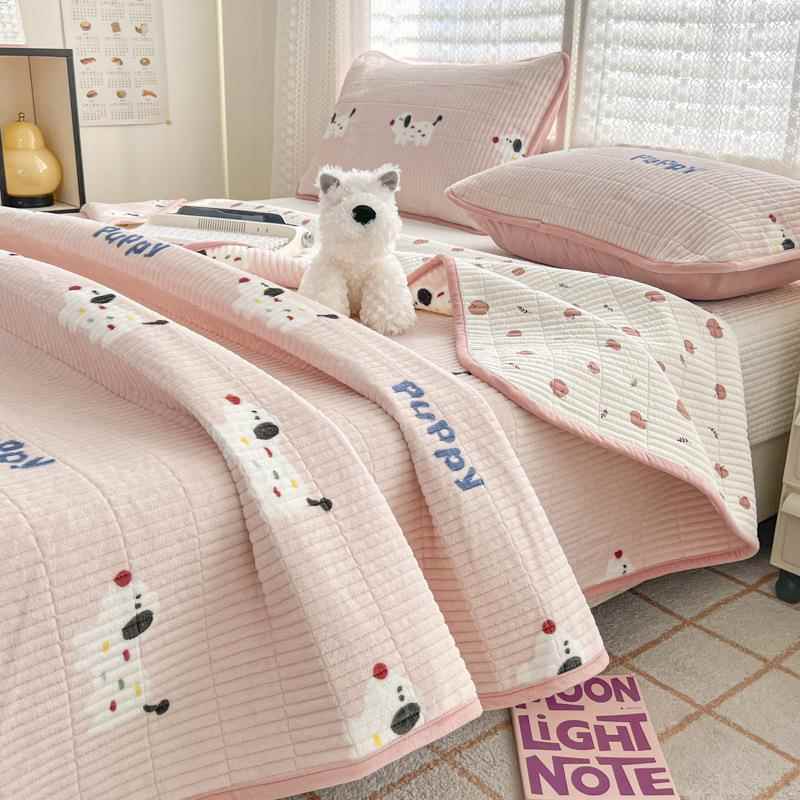 秋冬新款一面绒一面棉绗缝夹棉高温砂洗床盖三件套加厚床单床炕垫