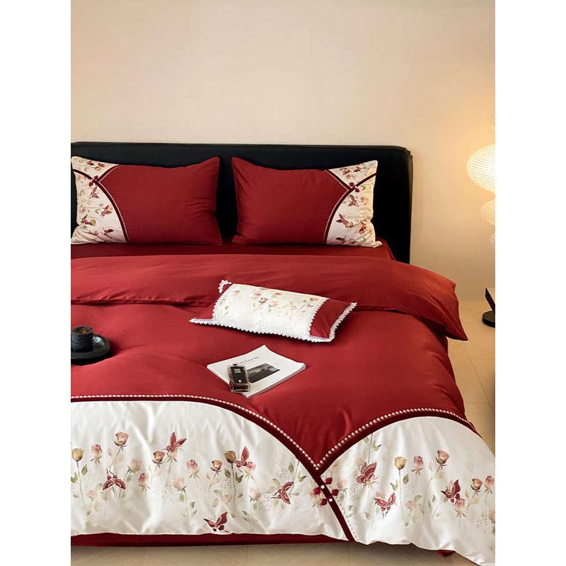 刺绣中式棉支长绒棉红色床上四件套全印花新100被套结婚婚庆床