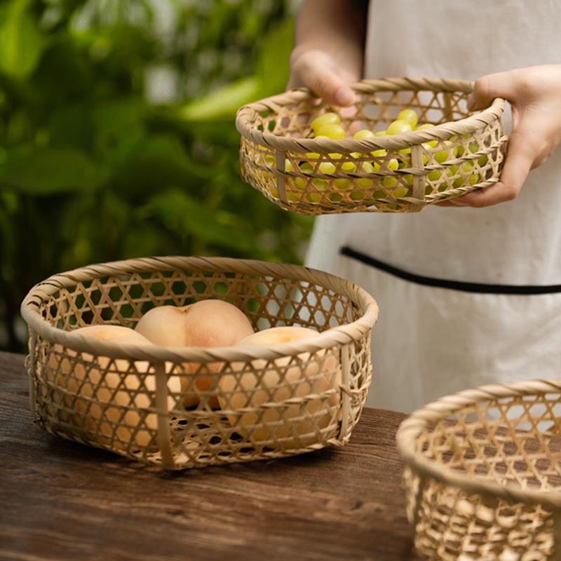 六角竹篮手工镂空竹编筐家用收纳篮子圆形藤编草编簸箕筛子小晒盘