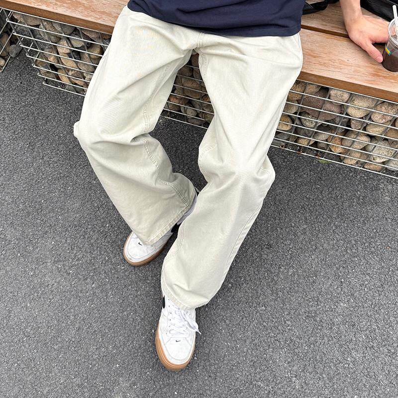 米白色直筒纯棉牛仔裤男生2026新款夏季薄款休闲 宽松浅色长裤子